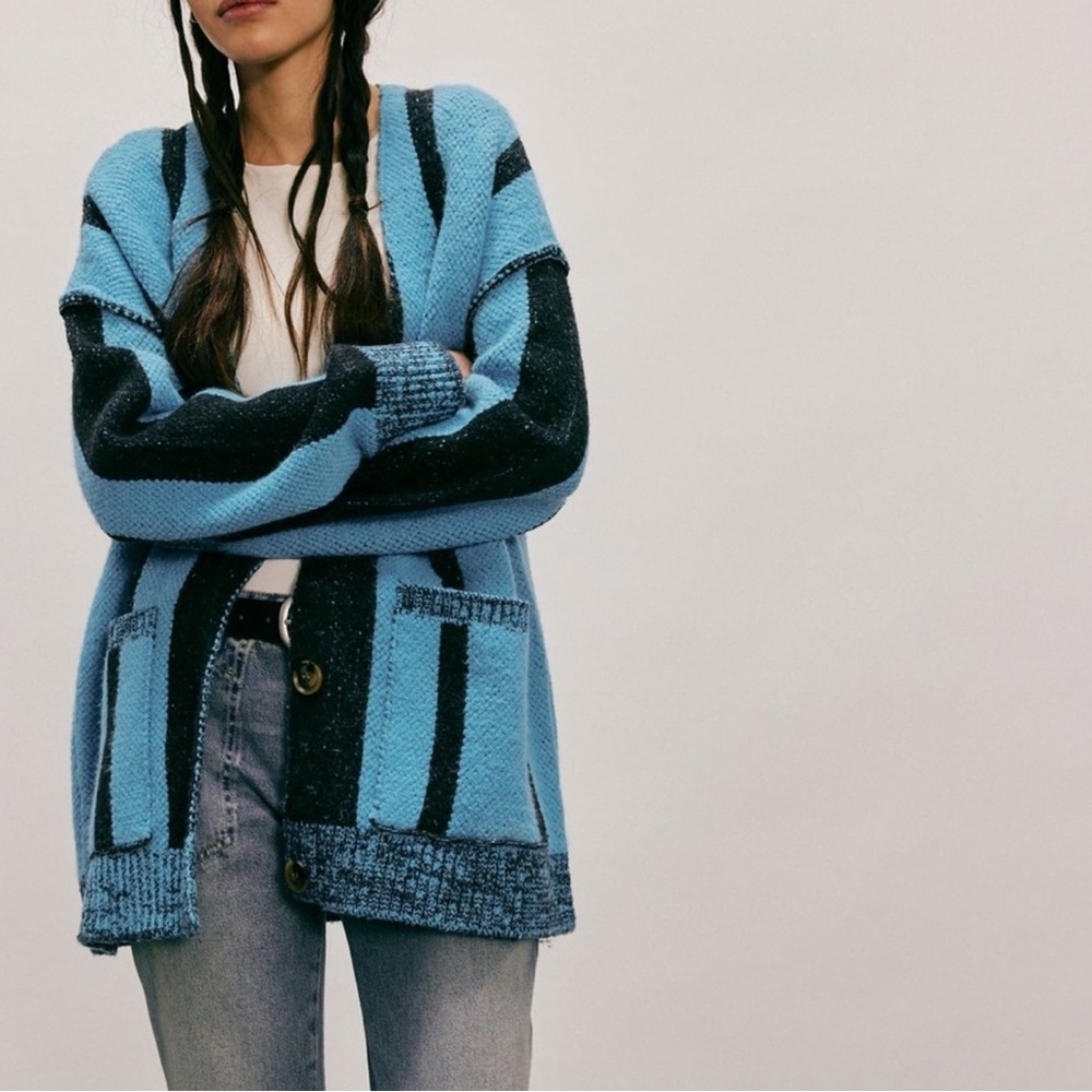 Free People Blue and Black Striped Cardigan
